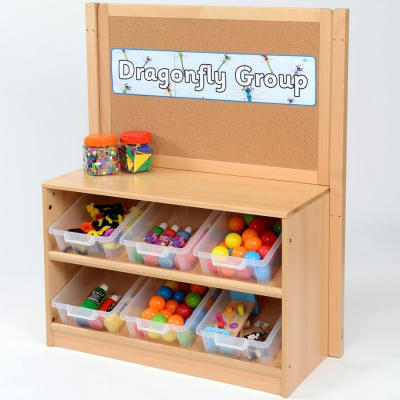 Room Scene - Angled 9 Tray Classroom Divider + Corkboard