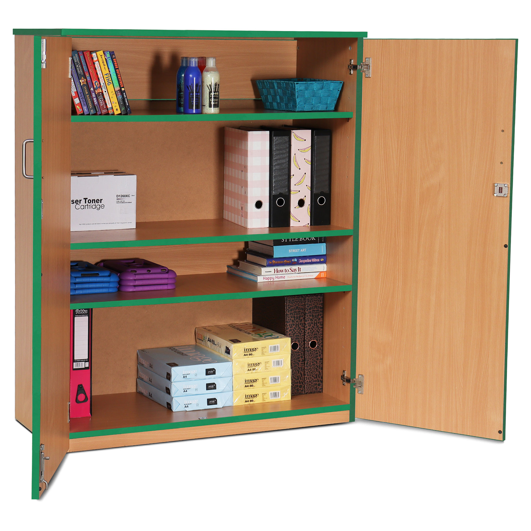 Lockable Cupboard with 3 Shelves & Green Edging(1250H)