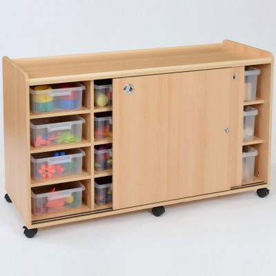 Flexi 8 Shallow & 6 Deep Clear Tray Classroom Storage + Sliding Doors