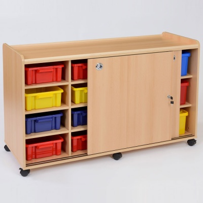 Fexi 8 Shallow & 6 Deep Coloured Tray Classroom Storage + Sliding Doors