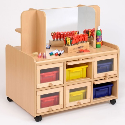 Double Sided Nursery Resource Unit + Doors, Storage/Mirror & Trays