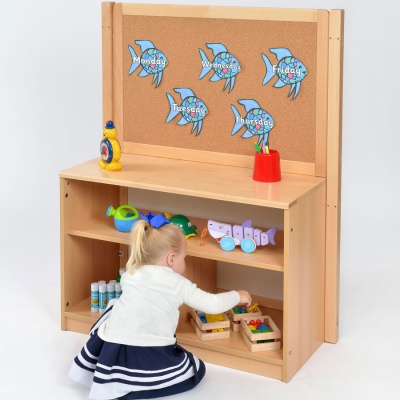 Room Scene - Open Bookcase Room Divider + Cork Board