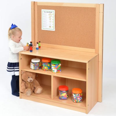 Room Scene - Open Bookcase Room Divider With Solid Back + Cork Board