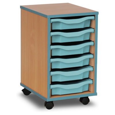 6 Single Tray Unit with Metal Blue Edging, Castors & Metal Blue Trays