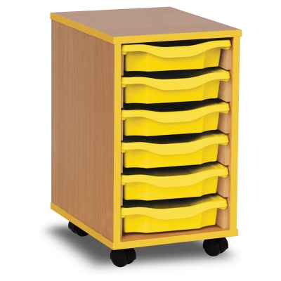 6 Single Tray Unit with Yellow Edging, Castors & Yellow Trays