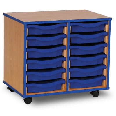 12 Single Tray Unit with Blue Edging, Castors & Blue Trays