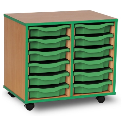 12 Single Tray Unit with Green Edging, Castors & Green Trays