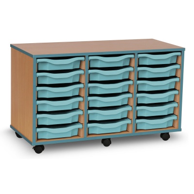 18 Single Tray Unit with Metal Blue Edging, Castors & Metal Blue Trays