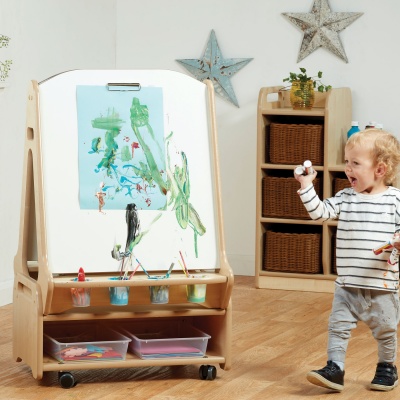 Double-Sided 2 Station White Board Easel with Low Storage Trolley