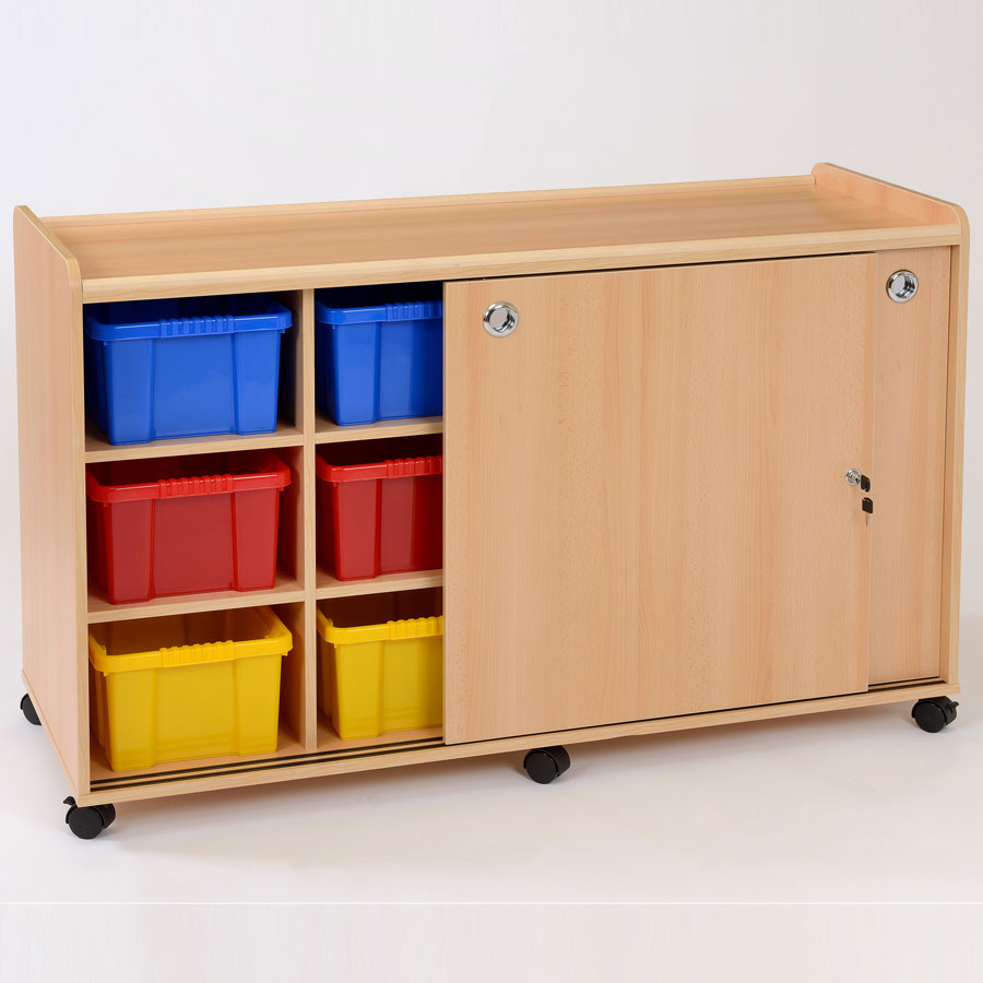 12 Deep Coloured Tray Classroom Storage + Sliding Doors