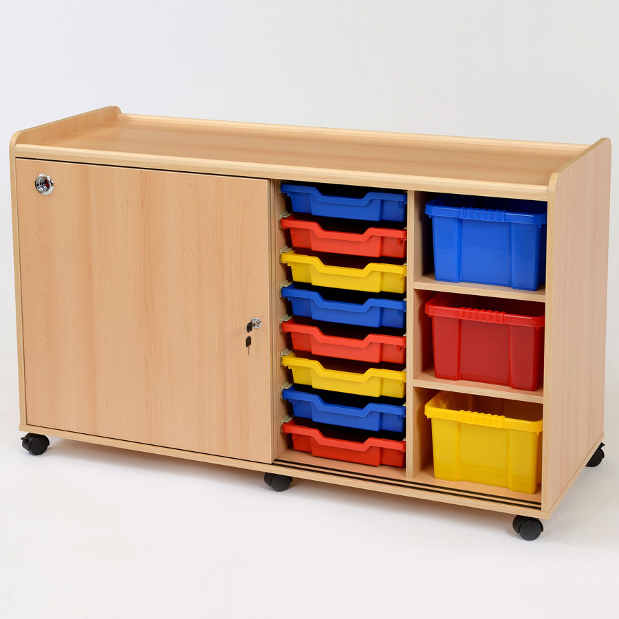 16 Shallow / 6 Deep Coloured Tray Classroom Storage + Doors
