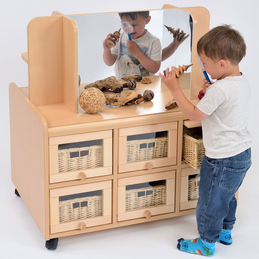 Double Sided Nursery Resource Unit + Doors, Storage/Mirror & Baskets