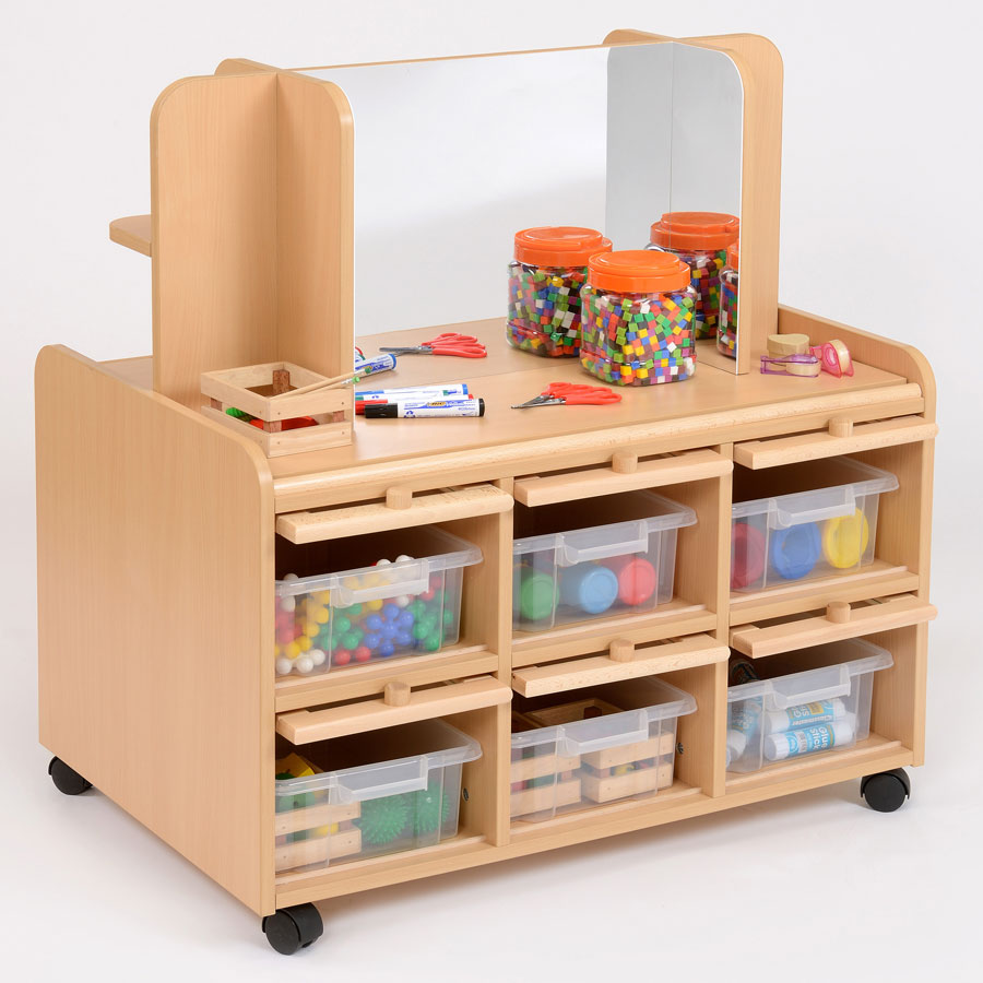 Double Sided Nursery Resource Unit + Doors, Storage/Mirror & Trays
