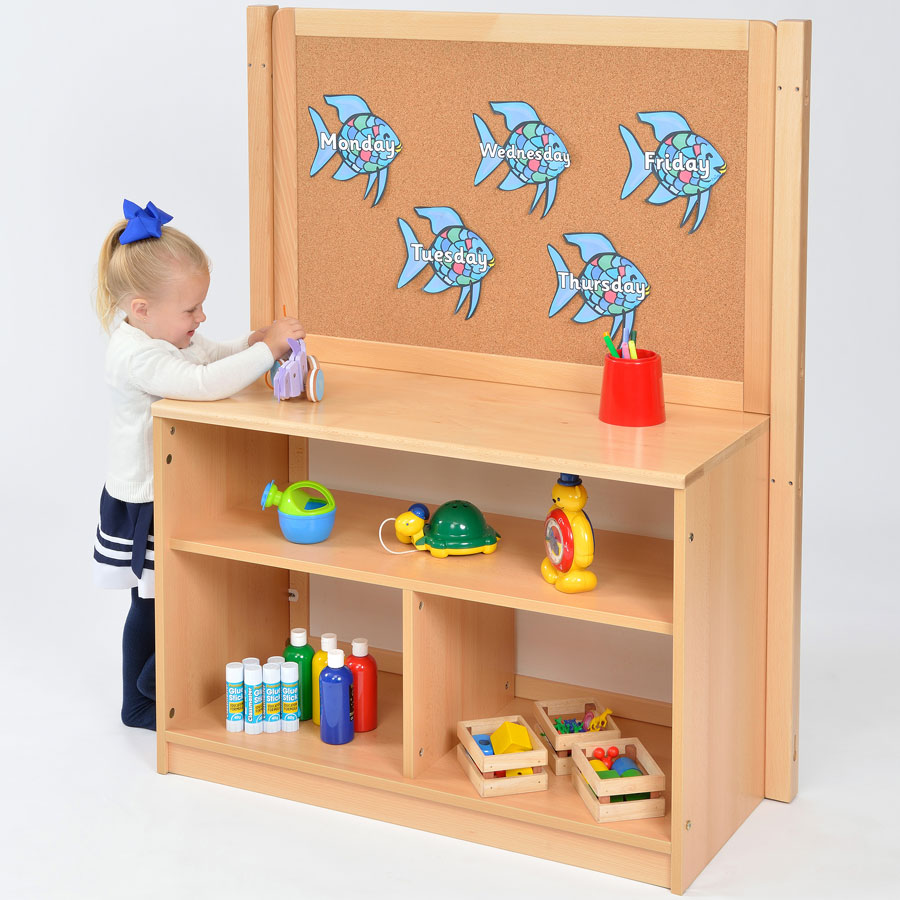 Room Scene - Open Bookcase Room Divider + Cork Board