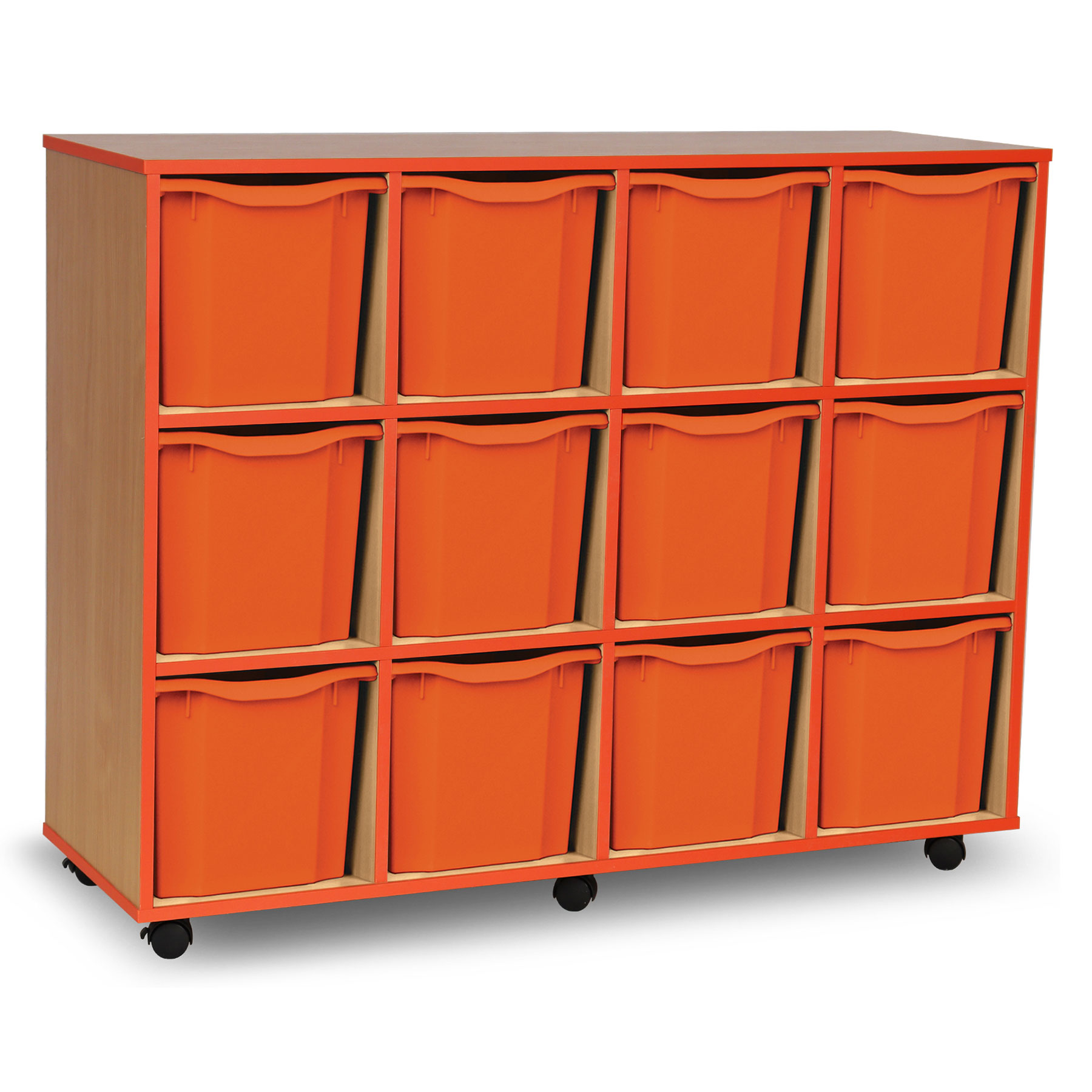 12 Quad Tray Unit Complete with Tangerine Edging, Castors and Tangerine Trays