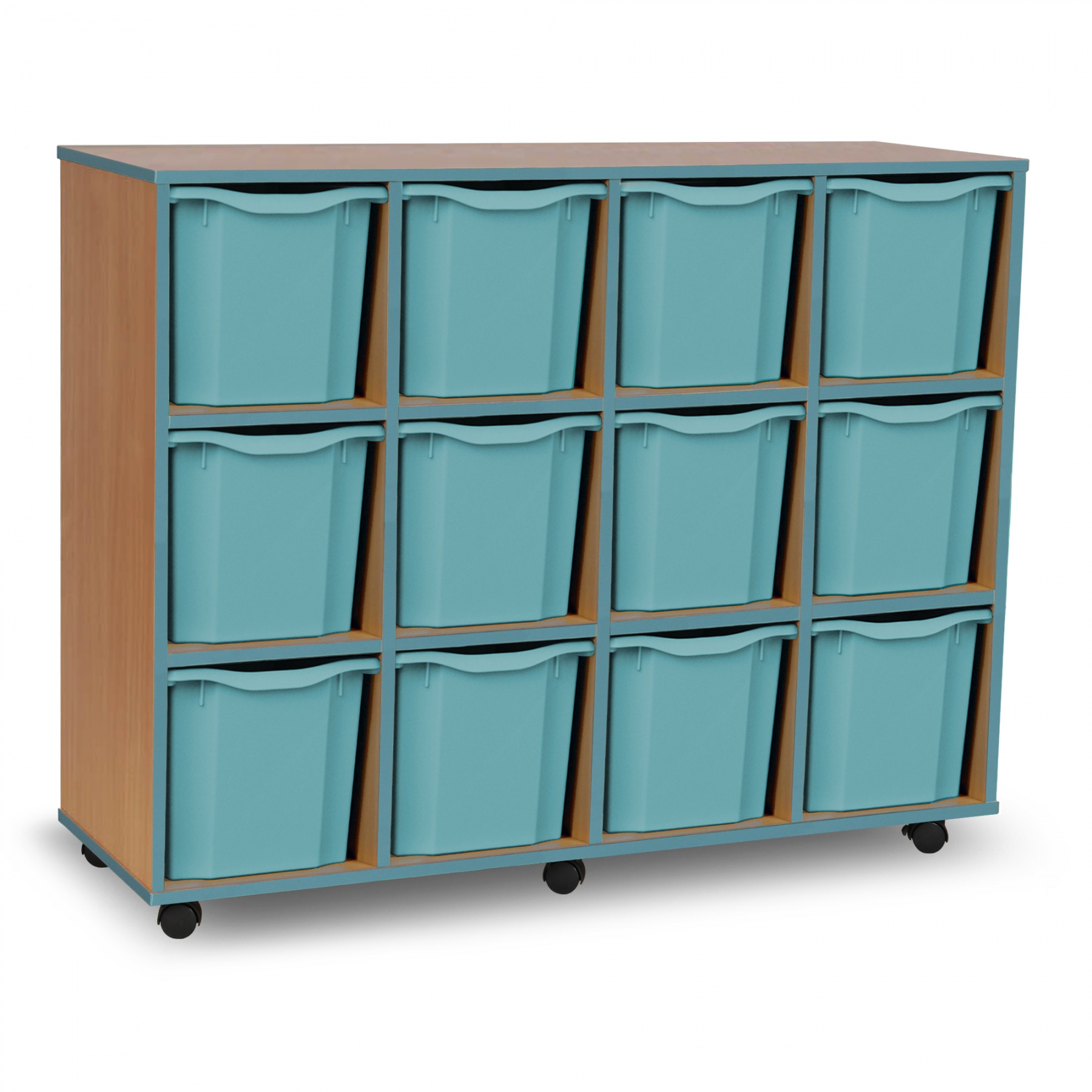 12 Quad Tray Unit Complete with Metal Blue Edging, Castors and Metal Blue Trays