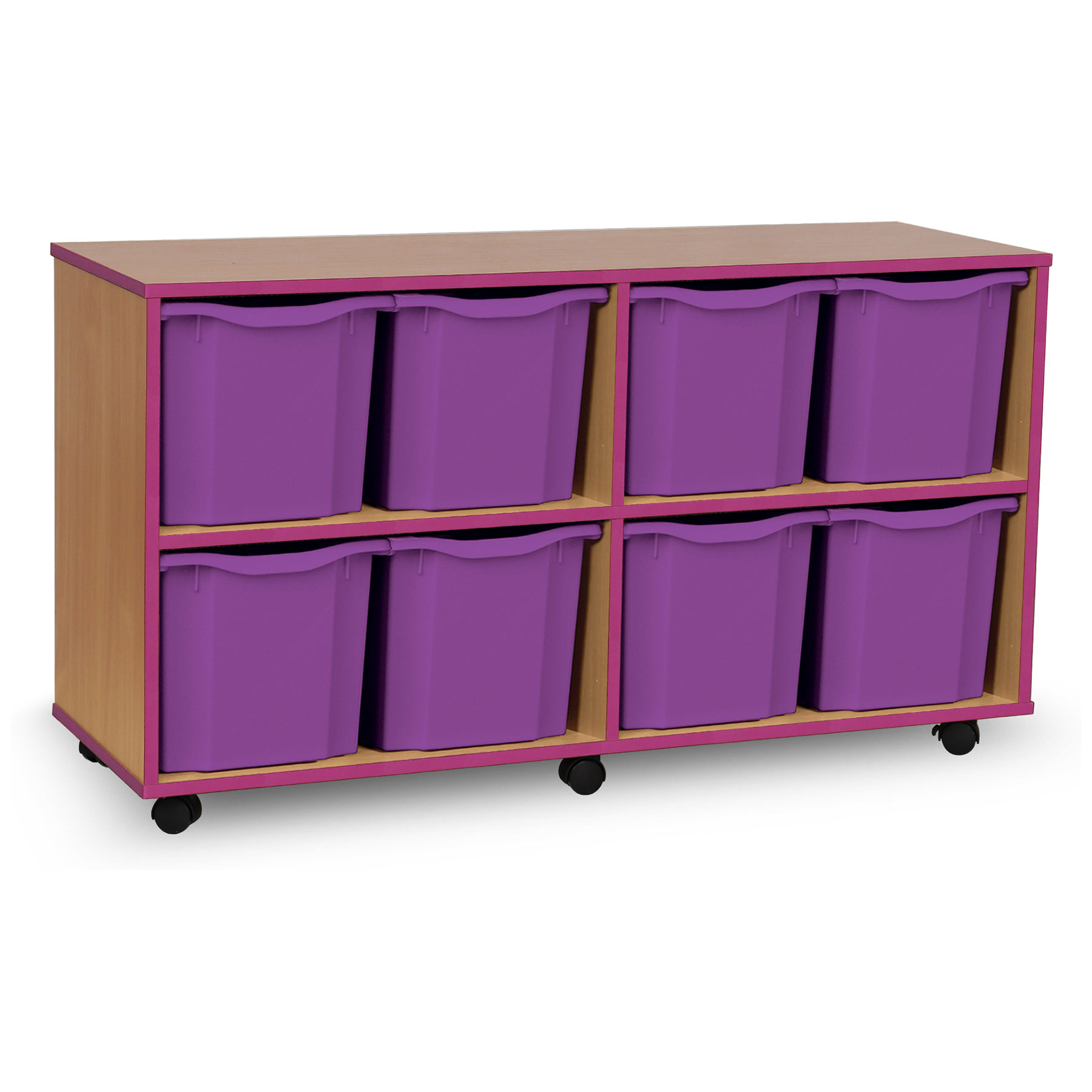 8 Quad Tray Unit with Purple Edging, Castors & Purple Trays