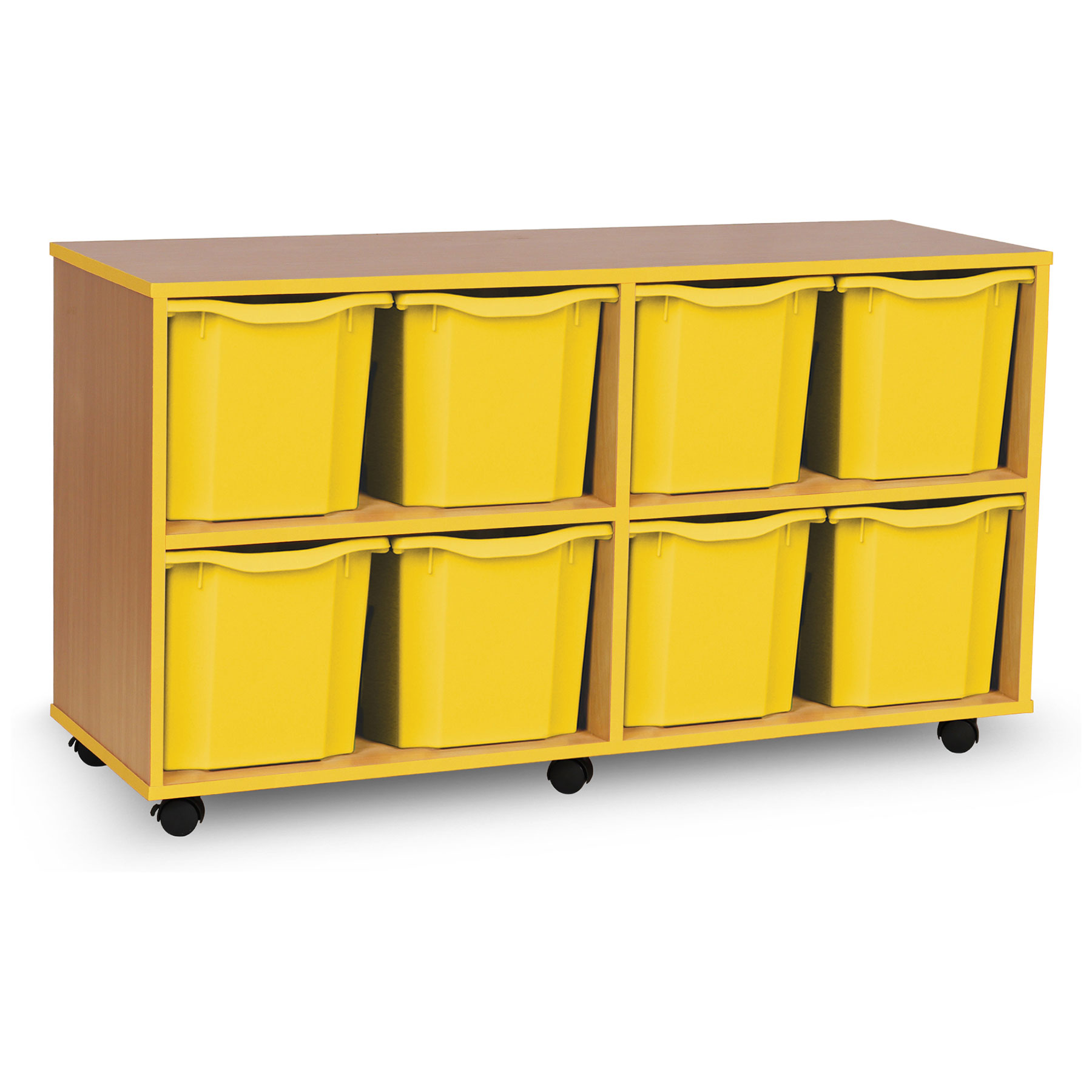 8 Quad Tray Unit with Yellow Edging, Castors & Yellow Trays