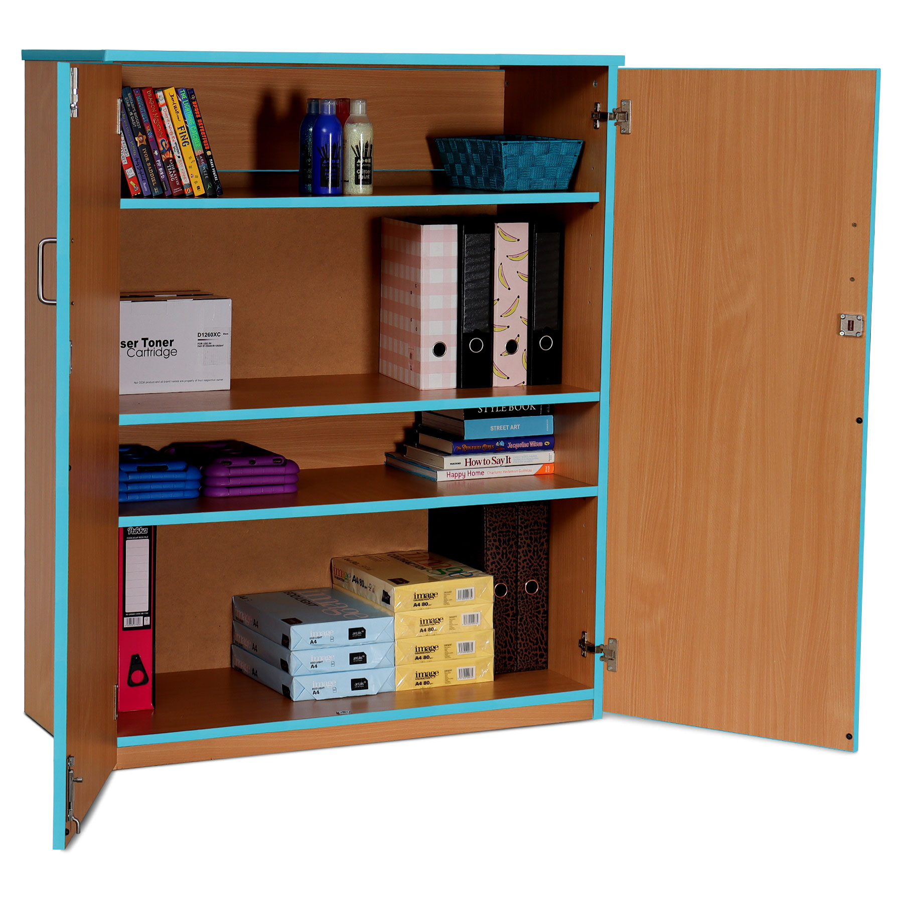 Lockable Cupboard with 3 Shelves & Cyan Edging (1250H)
