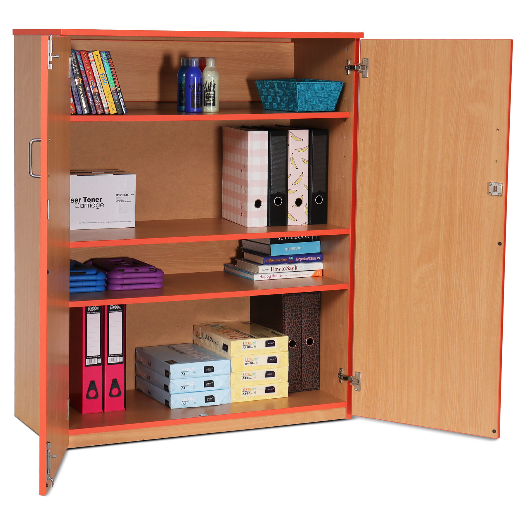 Lockable Cupboard with 3 Shelves & Tangerine Edging (1250H)