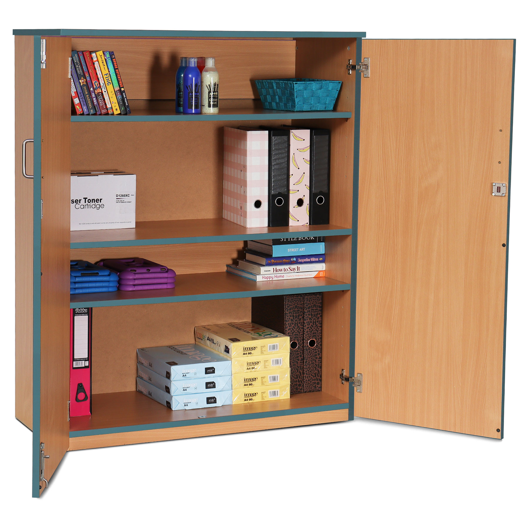Lockable Cupboard with 3 Shelves & Metal Blue Edging (1250H)