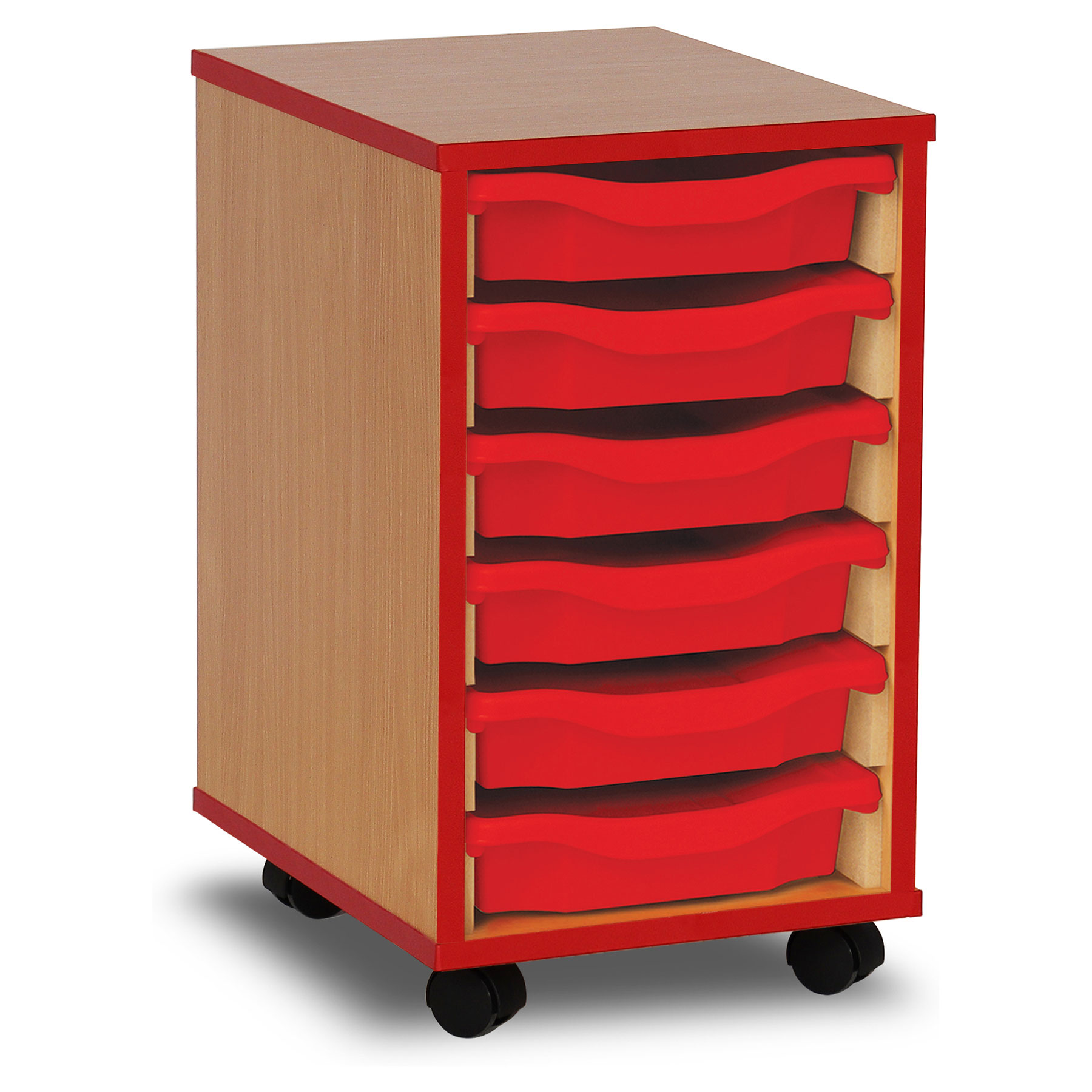 6 Single Tray Unit with Red Edging, Castors & Red Trays