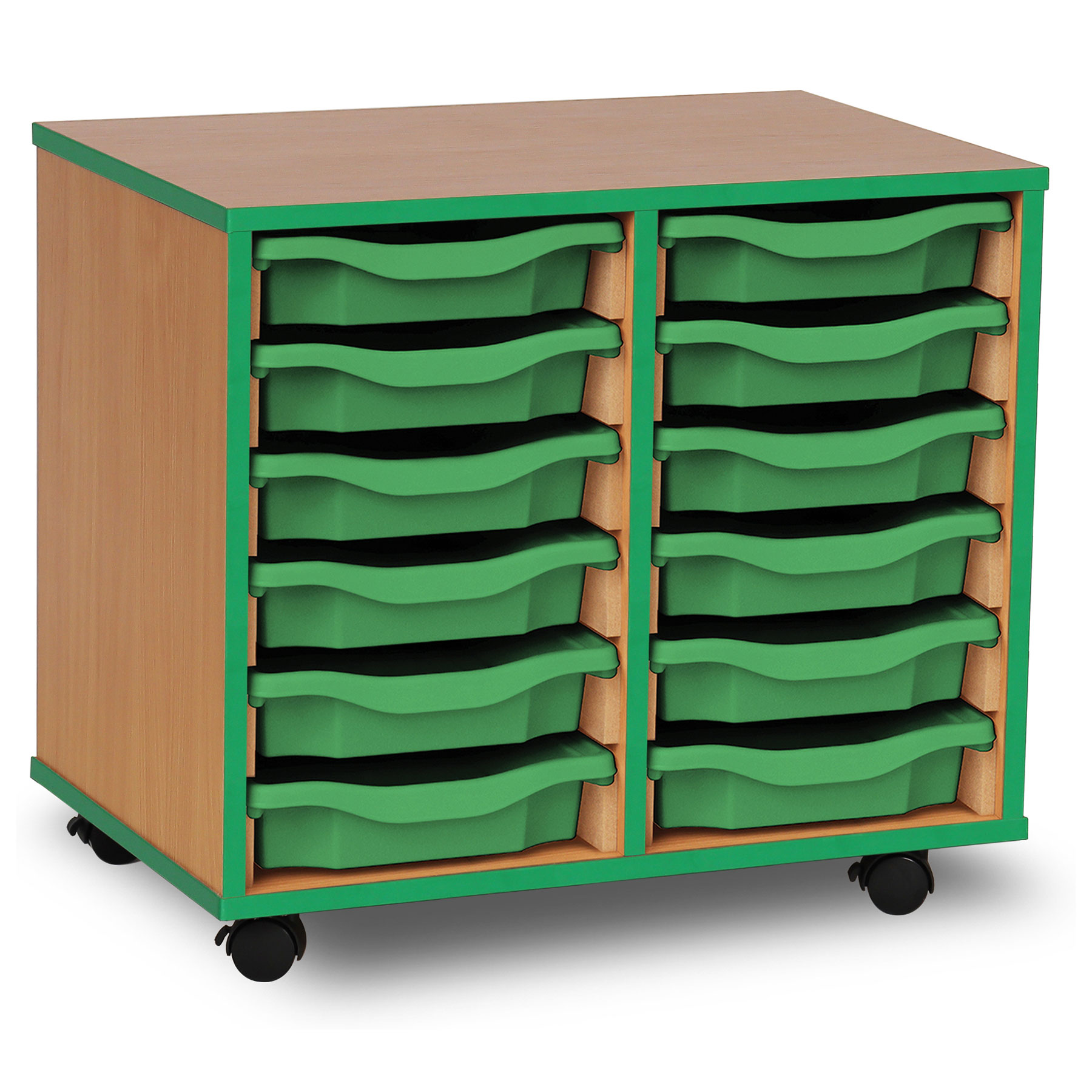 12 Single Tray Unit with Green Edging, Castors & Green Trays