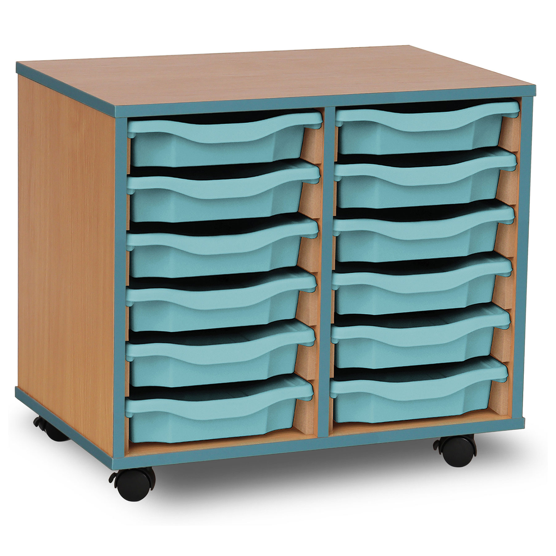 12 Single Tray Unit with Metal Blue Edging, Castors & Metal Blue Trays