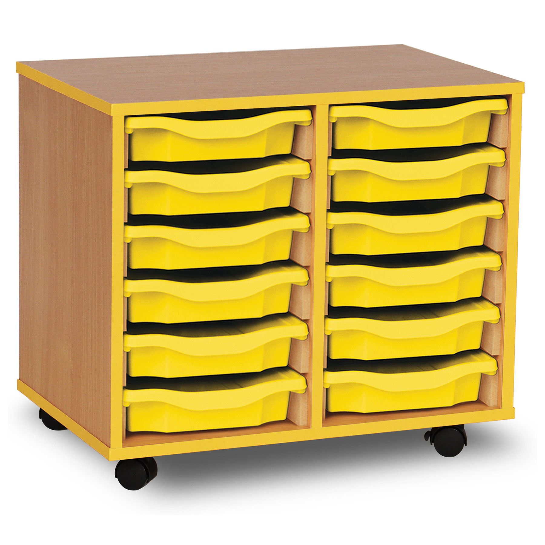 12 Single Tray Unit with Yellow Edging, Castors & Yellow Trays