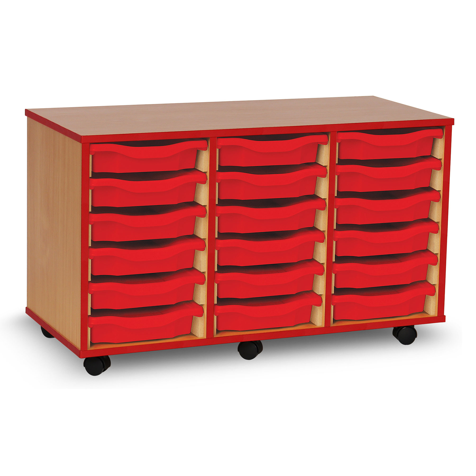 18 Single Tray Unit with Red Edging, Castors & Red Trays