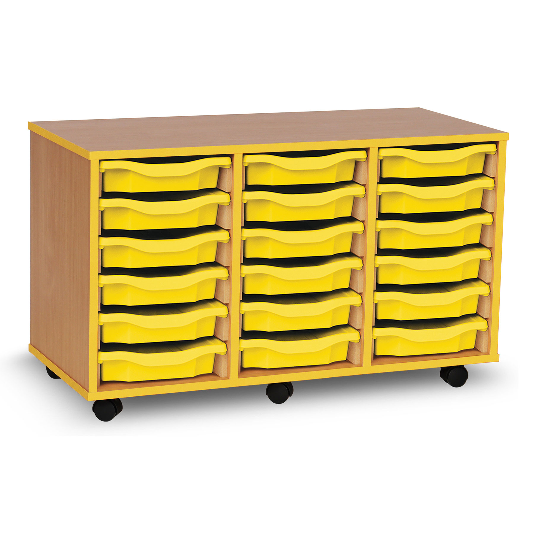 18 Single Tray Unit with Yellow Edging, Castors & Yellow Trays