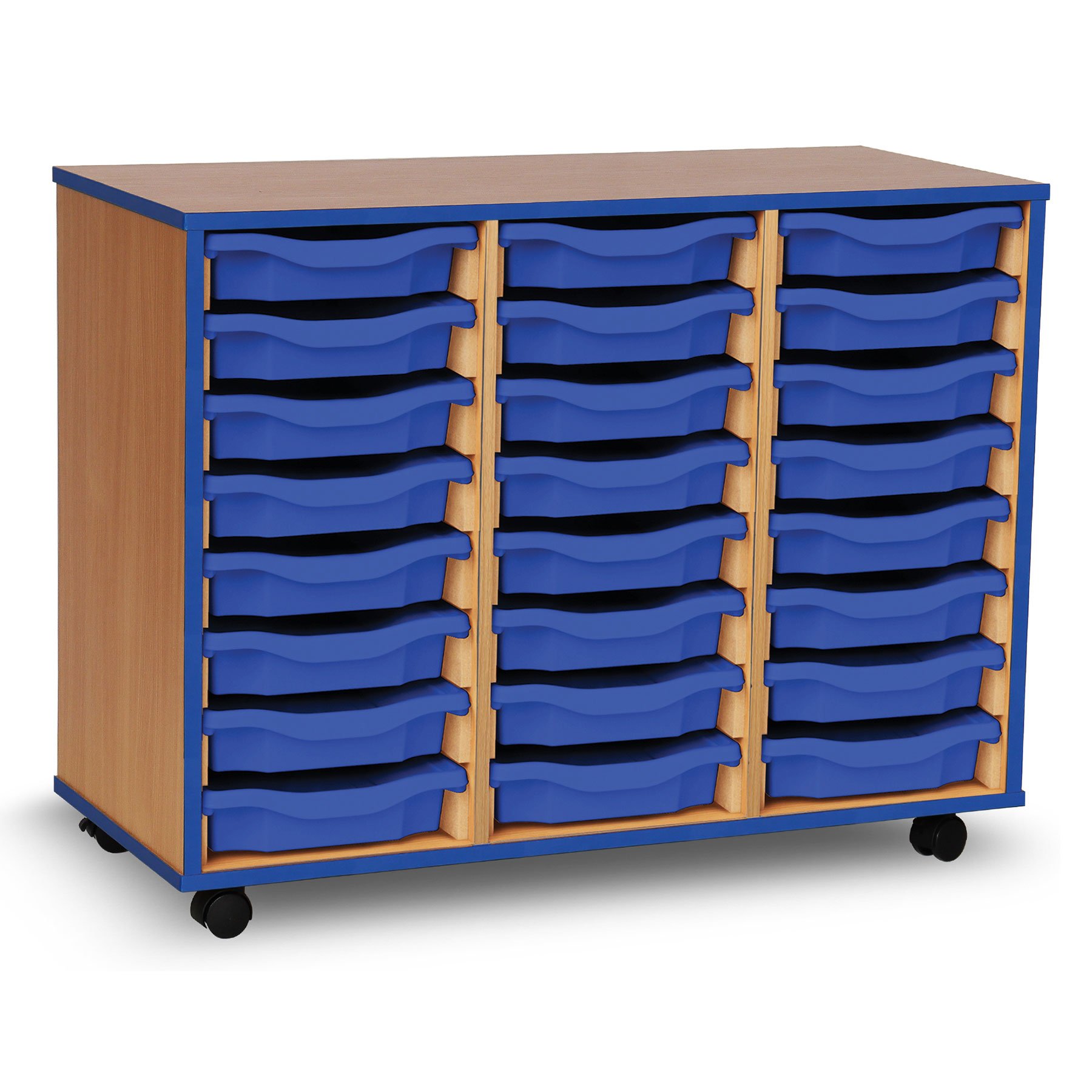 24 Single Tray Unit with Blue Edging, Castors & Blue Trays