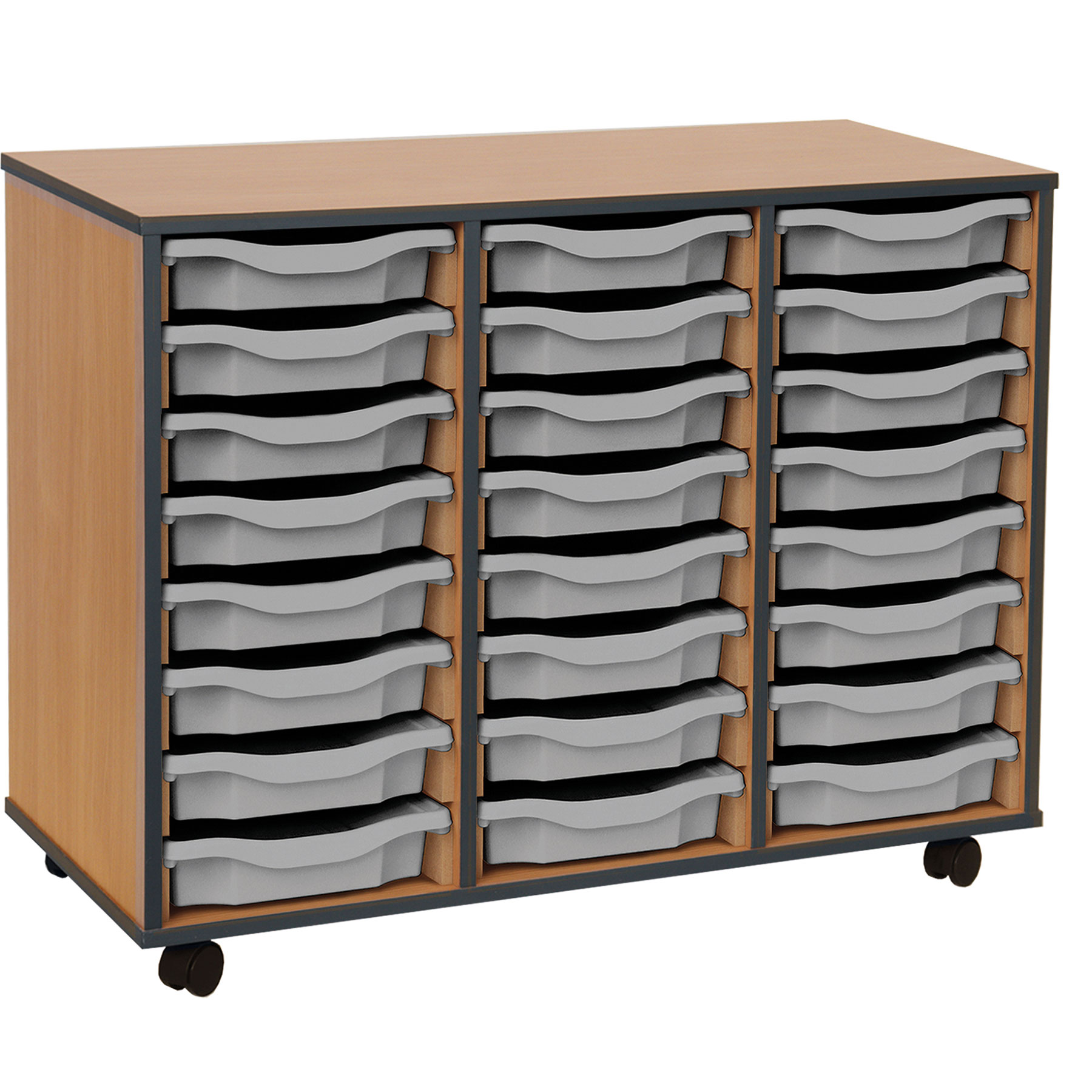 24 Single Tray Unit with Dark Grey Edging, Castors & Dark Grey Trays