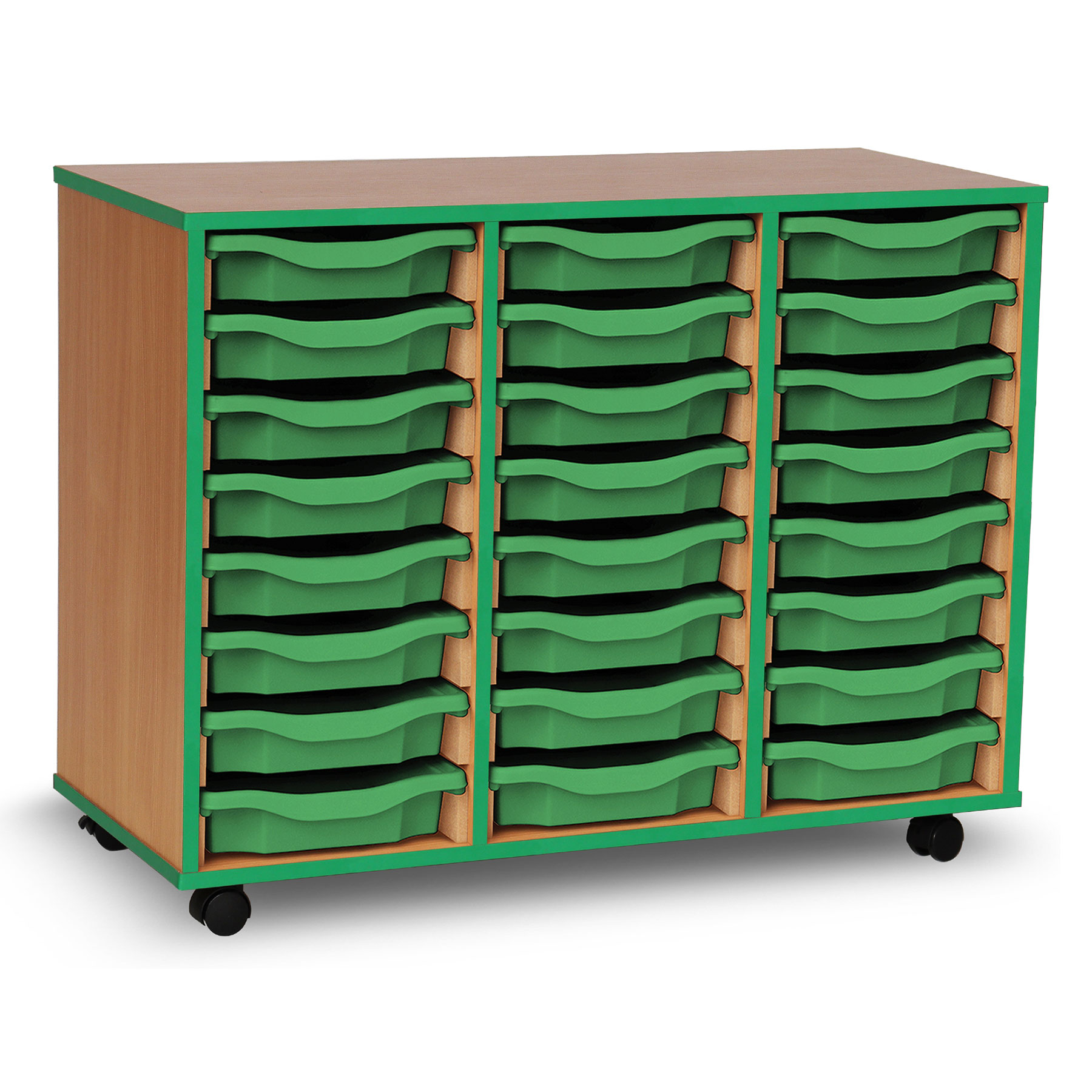 24 Single Tray Unit with Green Edging, Castors & Green Trays