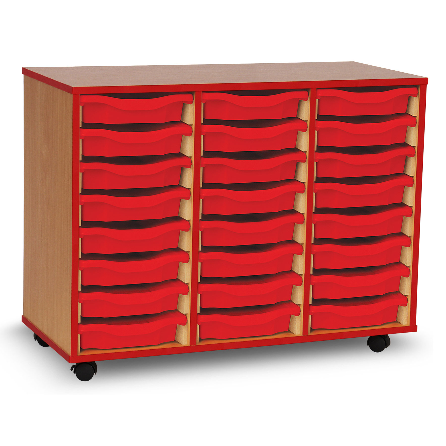 24 Single Tray Unit with Red Edging, Castors & Red Trays