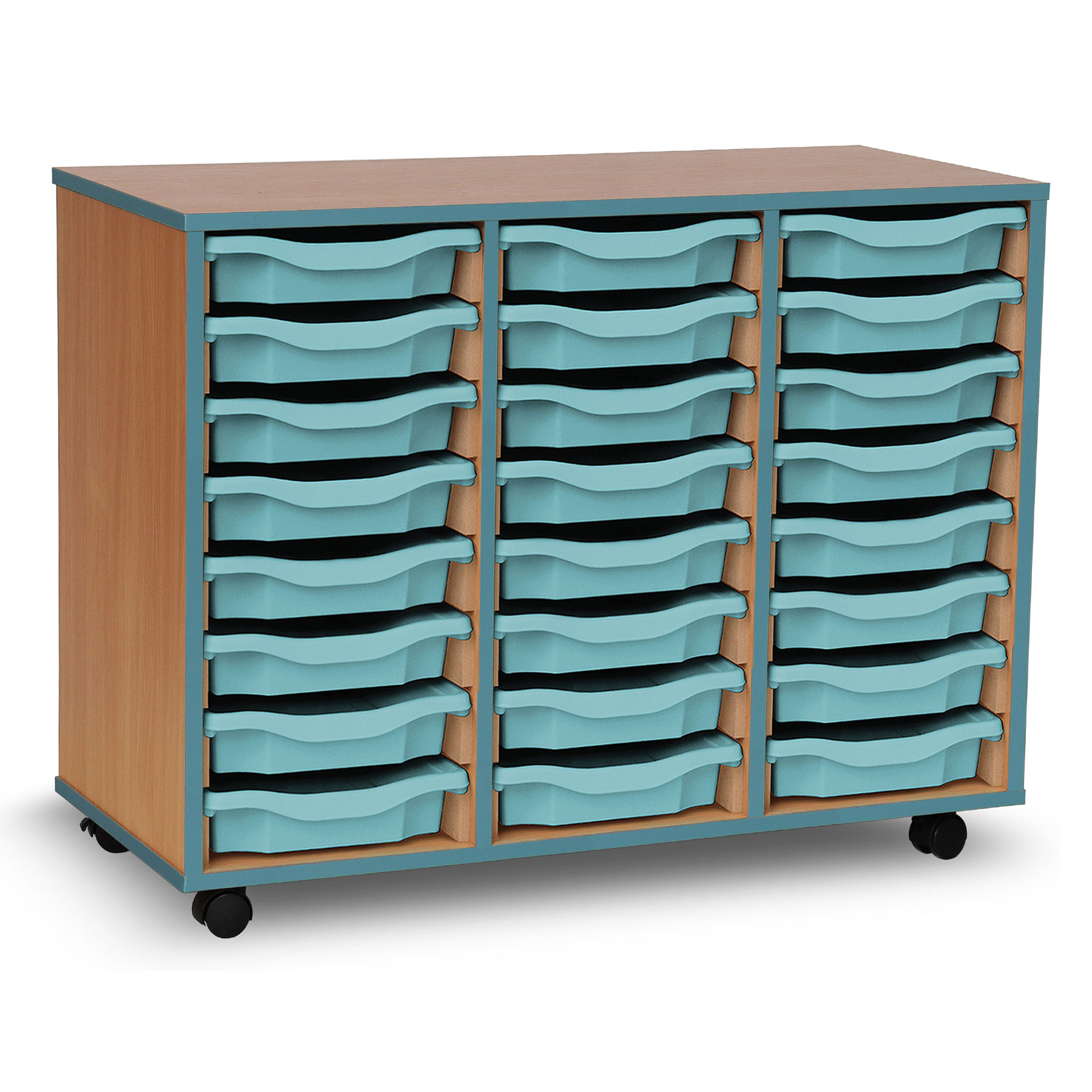 24 Single Tray Unit with Metal Blue Edging, Castors & Metal Blue Trays