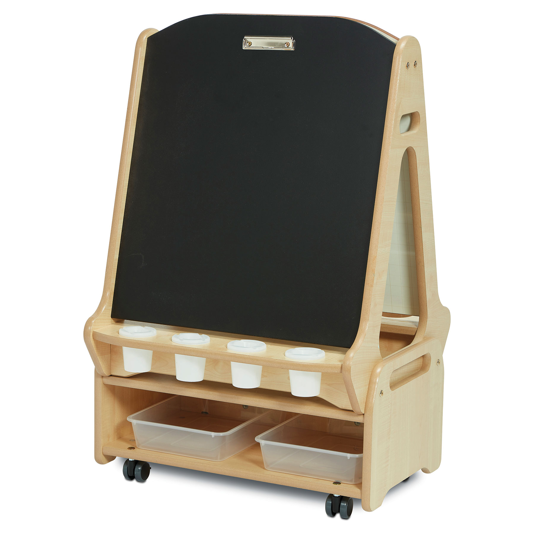 Double-Sided 2 Station Chalk/Whiteboard Easel with Low Storage Trolley
