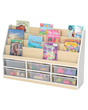 Thrifty 3 Compartment Book Storage + 6 Clear Trays